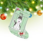 Schattige Husky Boy Dog Groen Houten Omheining Mon Kleine Kerstsok