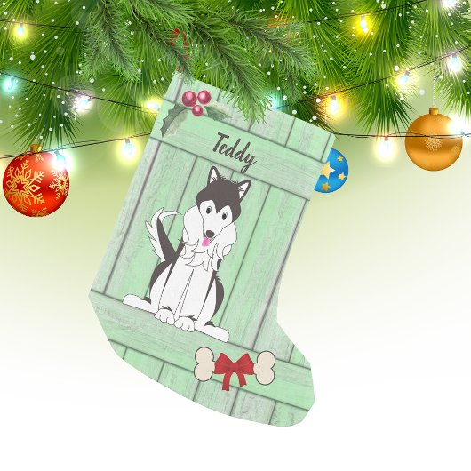 Schattige Husky Boy Dog Groen Houten Omheining Mon Kleine Kerstsok