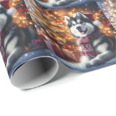 Schattige Husky Dog Pet in Kerstmis Scene Cadeaupapier (Rol Hoek)