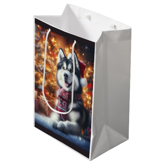 Schattige Husky Dog Pet in Kerstmis Scene Medium Cadeauzakje (Voorkant Gekanteld)