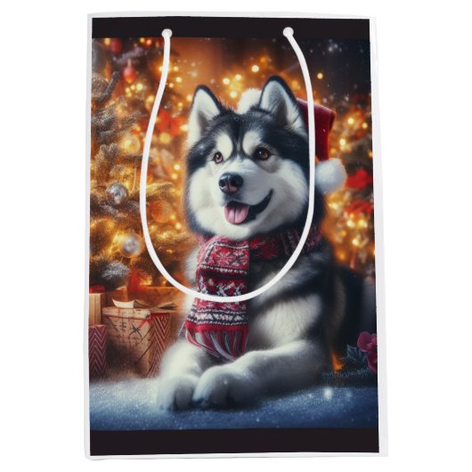 Schattige Husky Dog Pet in Kerstmis Scene Medium Cadeauzakje (Voorkant)