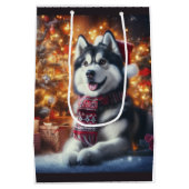 Schattige Husky Dog Pet in Kerstmis Scene Medium Cadeauzakje (Achterkant)