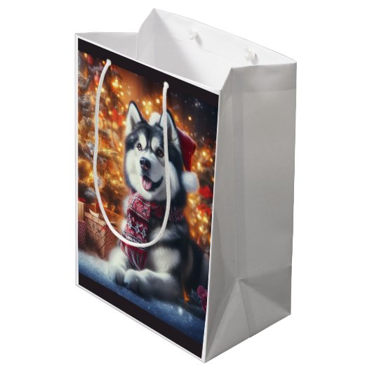 Schattige Husky Dog Pet in Kerstmis Scene Medium Cadeauzakje (Achterkant Gekanteld)