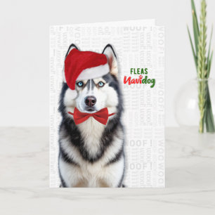 Schattige Husky Hond Grappige Vlooien Navidog Kers Feestdagen Kaart