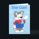Schattige husky kaart<br><div class="desc">Wens iemand een vriendelijke feestelijke groet met deze knuffelige kleine husky,  die zich warm heeft ingepakt met zijn warme chocolademelk.</div>