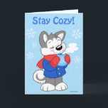 Schattige husky kaart<br><div class="desc">Wens iemand een vriendelijke feestelijke groet met deze knuffelige kleine husky,  die zich warm heeft ingepakt met zijn warme chocolademelk.</div>