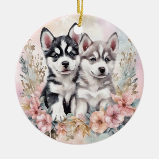 Schattige Husky Puppies Roze Bloemen Kerstmis Keramisch Ornament (Voorkant)
