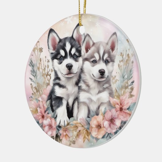 Schattige Husky Puppies Roze Bloemen Kerstmis Keramisch Ornament (Links)