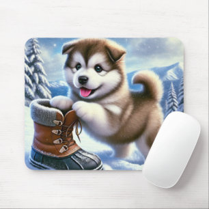 Schattige Husky Puppy Speelt in Besneeuwd Winterla Muismat