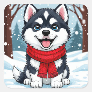 Schattige Husky Puppy Zit In Besneeuwd Winterlands Vierkante Sticker