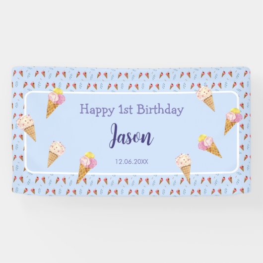 Schattige Ice Cream Cone Blauw Kinder Jongen Verja Spandoek (Horizontaal)