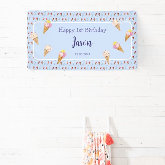 Schattige Ice Cream Cone Blauw Kinder Jongen Verja Spandoek (Insitu)