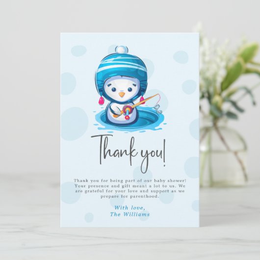 Schattige Icy Blue Penguin Baby shower Dank u kaar Kaart (Staand voorkant)