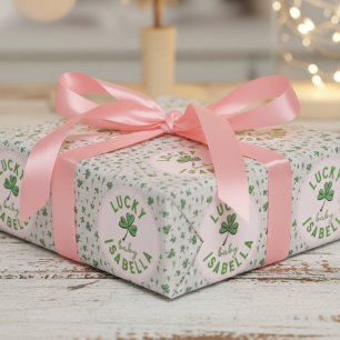 Schattige Ierse Geluksbaby Roze & Groene Klaver Cadeaupapier