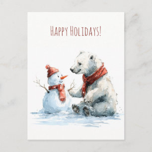Schattige ijsbeer bouwt een sneeuwman, Kerstmis Briefkaart