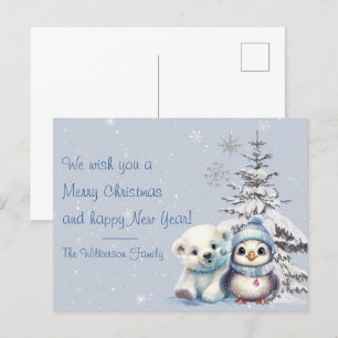 Schattige ijsbeer en pinguïn Noordpool Kerstmis Briefkaart