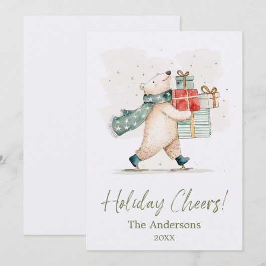 Schattige ijsbeer met cadeaus watercolor kerstgroe feestdagenkaart (Voorkant / Achterkant)