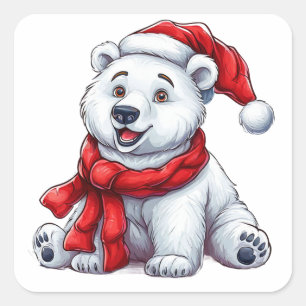 Schattige ijsbeer met kerstmuts en sjaal vierkante sticker