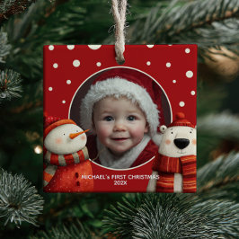 Schattige Ijsbeer Rode Eerste Kerst Baby Foto Keramisch Ornament