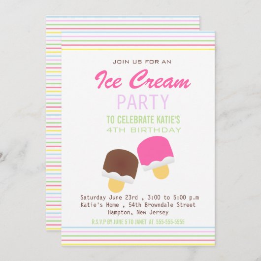 Schattige ijsje en strepen verjaardagsfeestje uitn kaart (Voorkant / Achterkant)