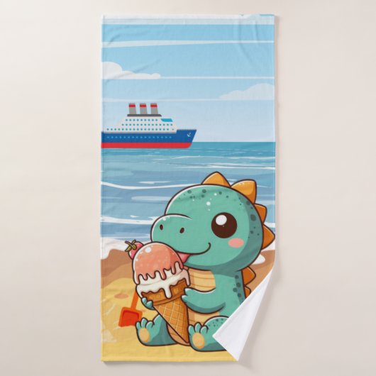 Schattige ijsje eten dino op het strand badhanddoek (Badhanddoek)