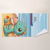 Schattige ijsje eten dino op het strand badhanddoek (Badhanddoek)