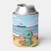 Schattige ijsje eten dino op het strand blikjeskoeler (Blikje Voorkant)