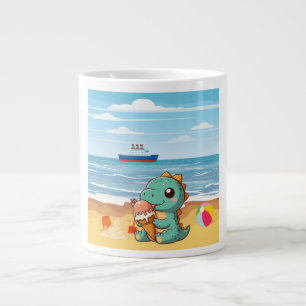 Schattige ijsje eten dino op het strand grote koffiekop