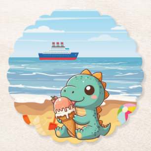 Schattige ijsje eten dino op het strand kartonnen onderzetters