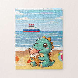 Schattige ijsje eten dino op het strand legpuzzel