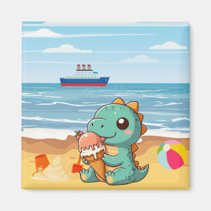 Schattige ijsje eten dino op het strand magneet