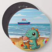 Schattige ijsje eten dino op het strand ronde button 6,0 cm (Voorkant /achterkant)