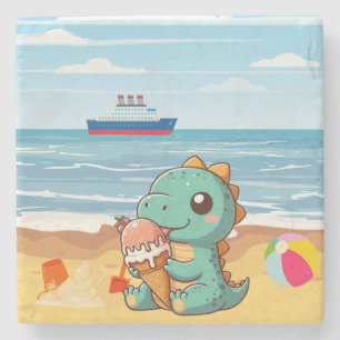 Schattige ijsje eten dino op het strand stenen onderzetter