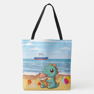 Schattige ijsje eten dino op het strand tote bag