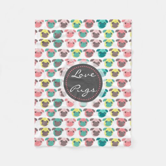 Schattige illustratie "Love Pugs" kleurrijke pugs Fleece Deken (Voorkant)