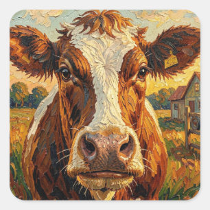 Schattige Impasto Koe op Boerderij Plaid Vierkante Sticker