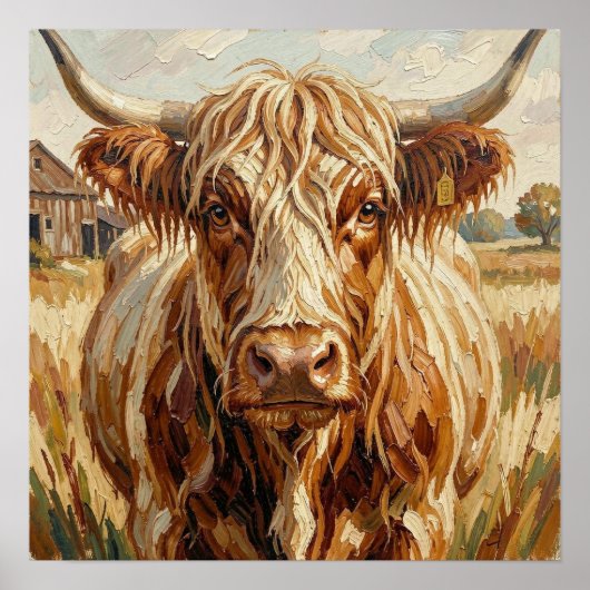 Schattige Impasto Koe op Rustieke Ranch Poster (Voorkant)