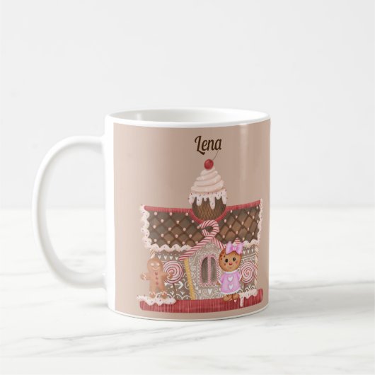 Schattige in roze peperkoek meisje en Snoep huis Koffiemok (Links)