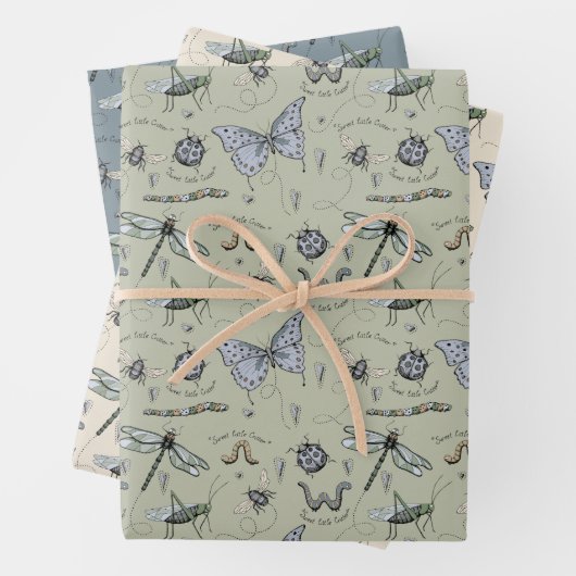 Schattige Insect Boho Pastels Blauw Sage Cream Bab Inpakpapier Vel (In situ)