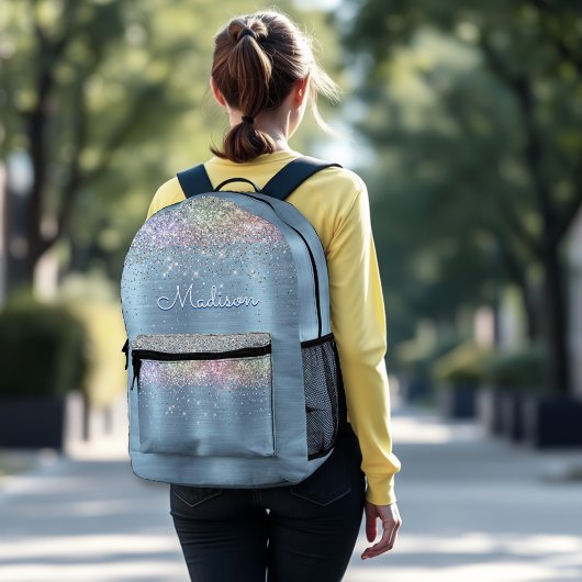 Schattige iriserend ijsblauw glitter monogram bedrukte rugzak