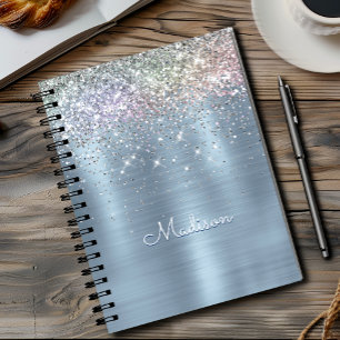 Schattige iriserend ijsblauw glitter monogram notitieboek