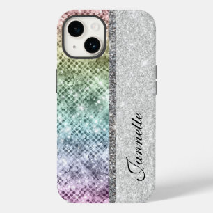 Schattige iriserend zilver faux glitter monogram Case-Mate iPhone 14 hoesje