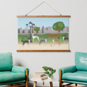 Schattige Italiaanse Greyhound-honden in park cart Hangend Wandkleed