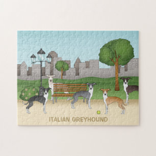 Schattige Italiaanse Greyhound-honden in park cart Legpuzzel