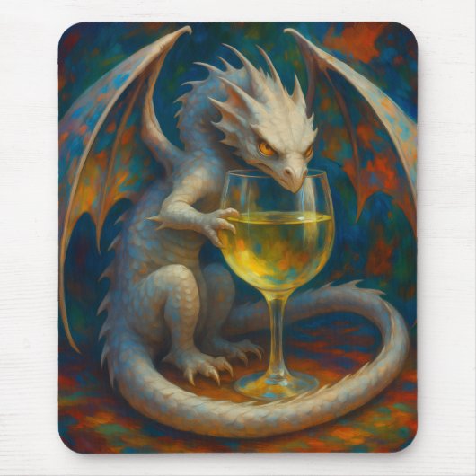 Schattige Ivoren Draak & Witte Wijn Fantasie Kunst Muismat (Voorkant)