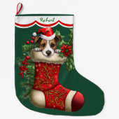 Schattige Jack Russell Terrier Puppy Peeking Grote Kerstsok (Voorkant)