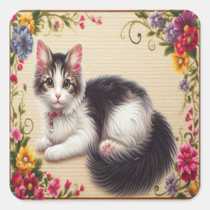 Schattige Japans Bobtail Cat Kleurrijke Bloemen Bo Vierkante Sticker