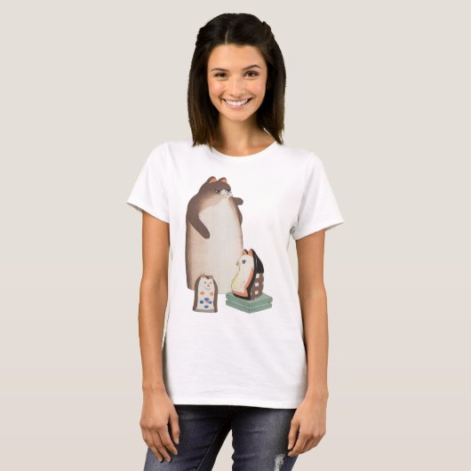 Schattige Japans Kat Familie kawaii Kokeshi T-shirt (Voorkant volledig)