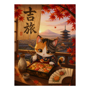 Schattige Japanse Anime Kat Kimono Mount Fuji Herf Perfect Poster