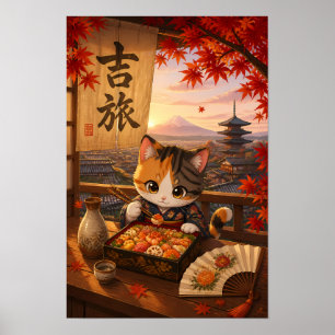 Schattige Japanse Anime Kat Kimono Mount Fuji Herf Poster